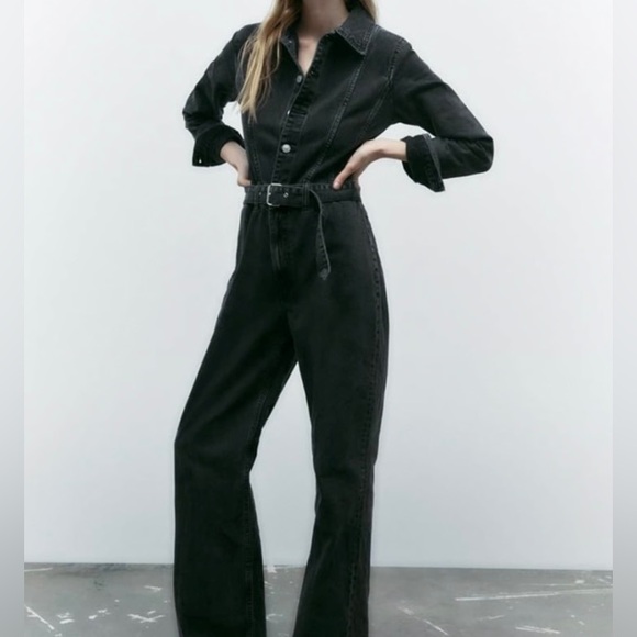 Zara TRF Size XS Full Length Long Sleeve Anthracite Grey  Belted Denim Jumpsuit - Picture 1 of 5